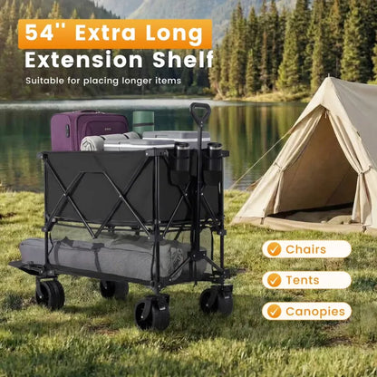 Extra Large 400L Foldable Camping Wagon Cart, 440LBS Heavy Duty All-Terrain 360° Silent Wheels Collapsible Utility Trolley with Extension Shelf for Beach Picnic Gardening
