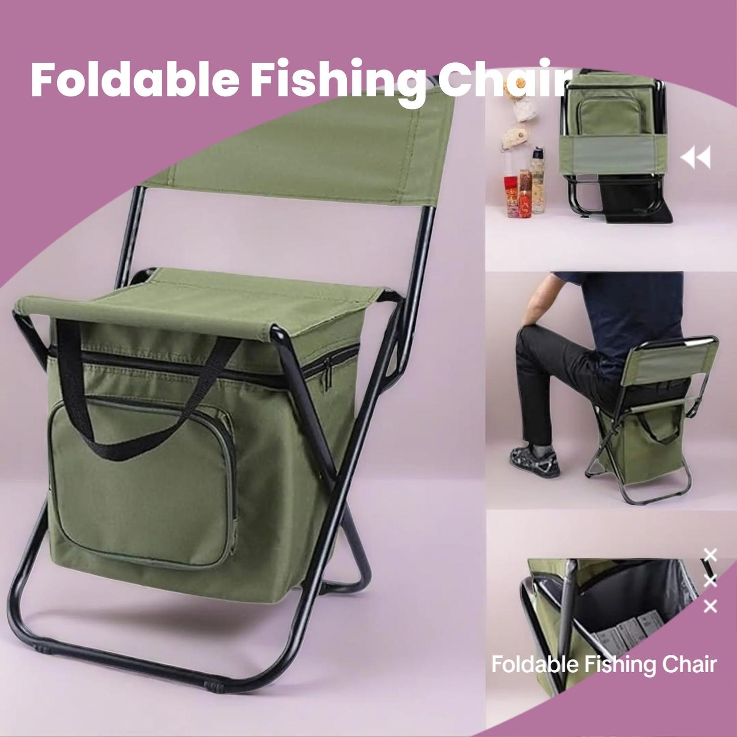 Foldable Fishing Chair with Cooler Bag, Heavy-Duty Oxford Camping Stool, 440LB Capacity for Camping Hunting Hiking Travel