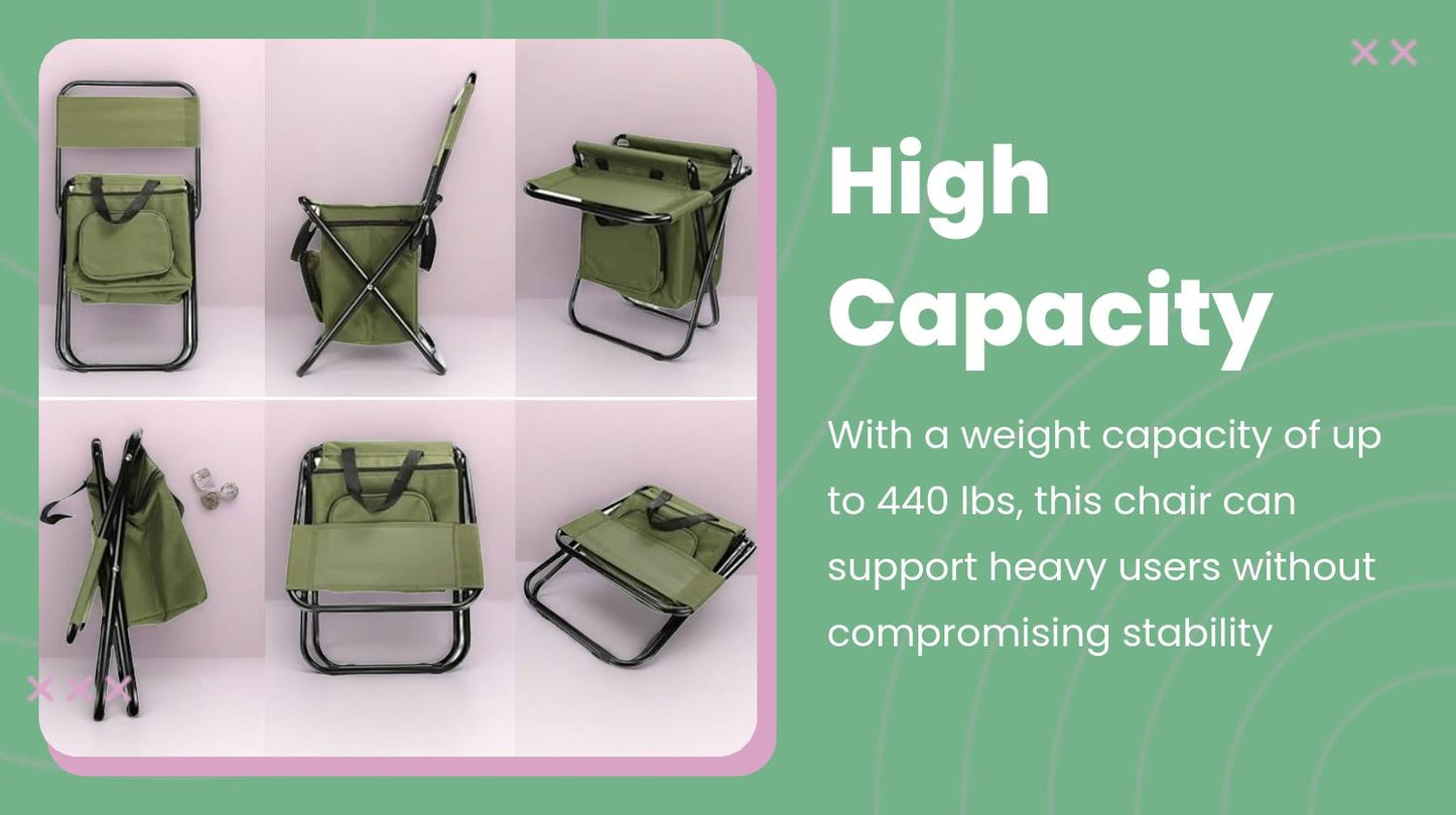 Foldable Fishing Chair with Cooler Bag, Heavy-Duty Oxford Camping Stool, 440LB Capacity for Camping Hunting Hiking Travel