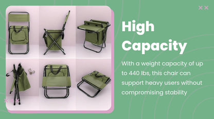 Foldable Fishing Chair with Cooler Bag, Heavy-Duty Oxford Camping Stool, 440LB Capacity for Camping Hunting Hiking Travel
