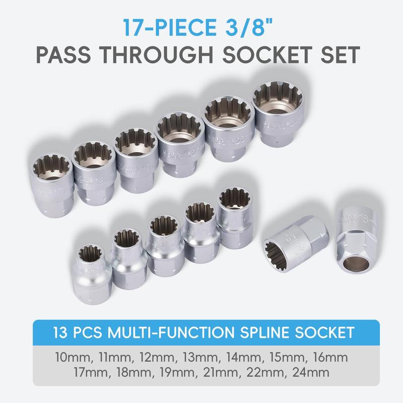 Heavy-Duty Metric Hollow Pass Through Socket Set 17 Pieces 10–24mm, Professional Ratchet Socket Kit for Car Repair & Equipment Maintenance