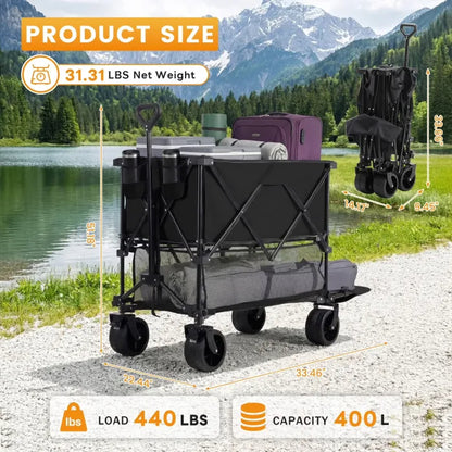 Extra Large 400L Foldable Camping Wagon Cart, 440LBS Heavy Duty All-Terrain 360° Silent Wheels Collapsible Utility Trolley with Extension Shelf for Beach Picnic Gardening